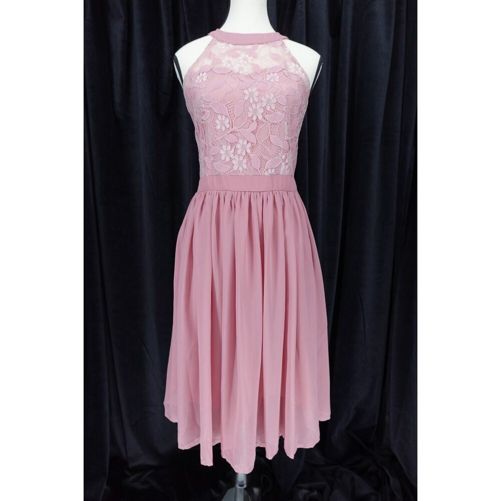 Unbranded Women's Sleeveless Pink Halter Floral Lace Chiffon Cocktail Dress SZ S